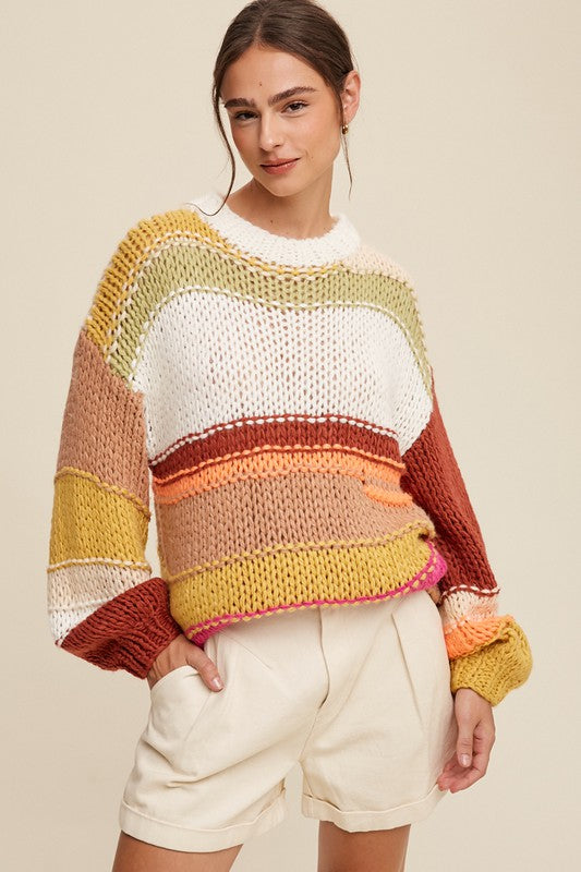 Listicle Open Mixed Knit Slouchy Hand Crochet Sweater