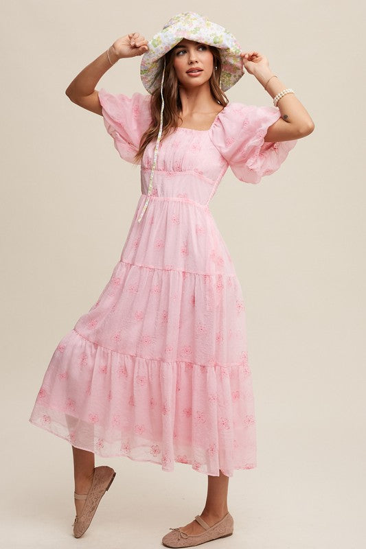 Listicle Flower Embroidered Puff Sleeve Tiered Maxi Dress