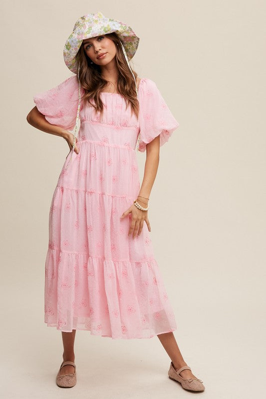 Listicle Flower Embroidered Puff Sleeve Tiered Maxi Dress