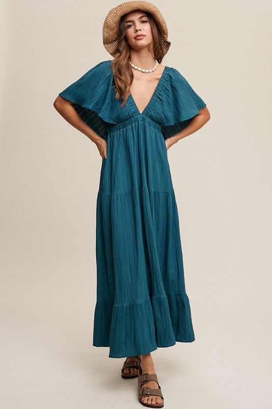 Listicle V-Neck Ruffle Sleeve Flowy Vacation Dress