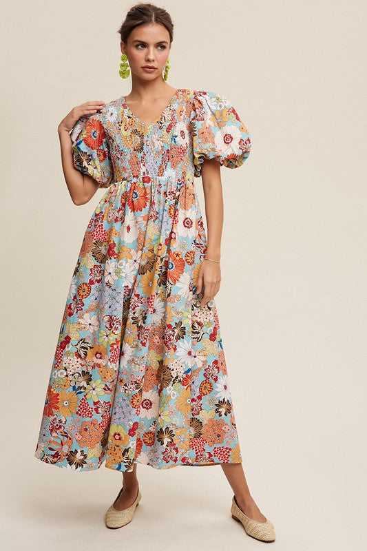 Listicle Flower Print Smocked V-neck Puff Sleeve Maxi Dress