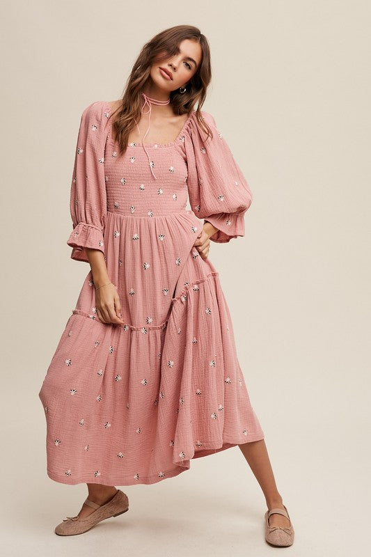 Listicle Ditzy Floral Embroidery Puff Sleeve Maxi Dress