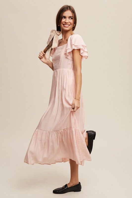 Listicle Square Neck Ruffled Short Sleeve Maxi Dress